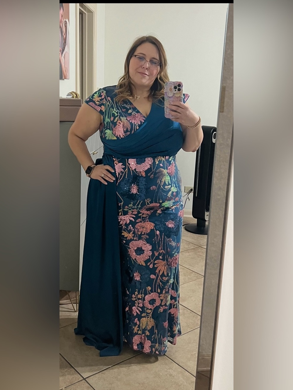 Blue Floral Sequin Evening Gown - Picture 4 of 9